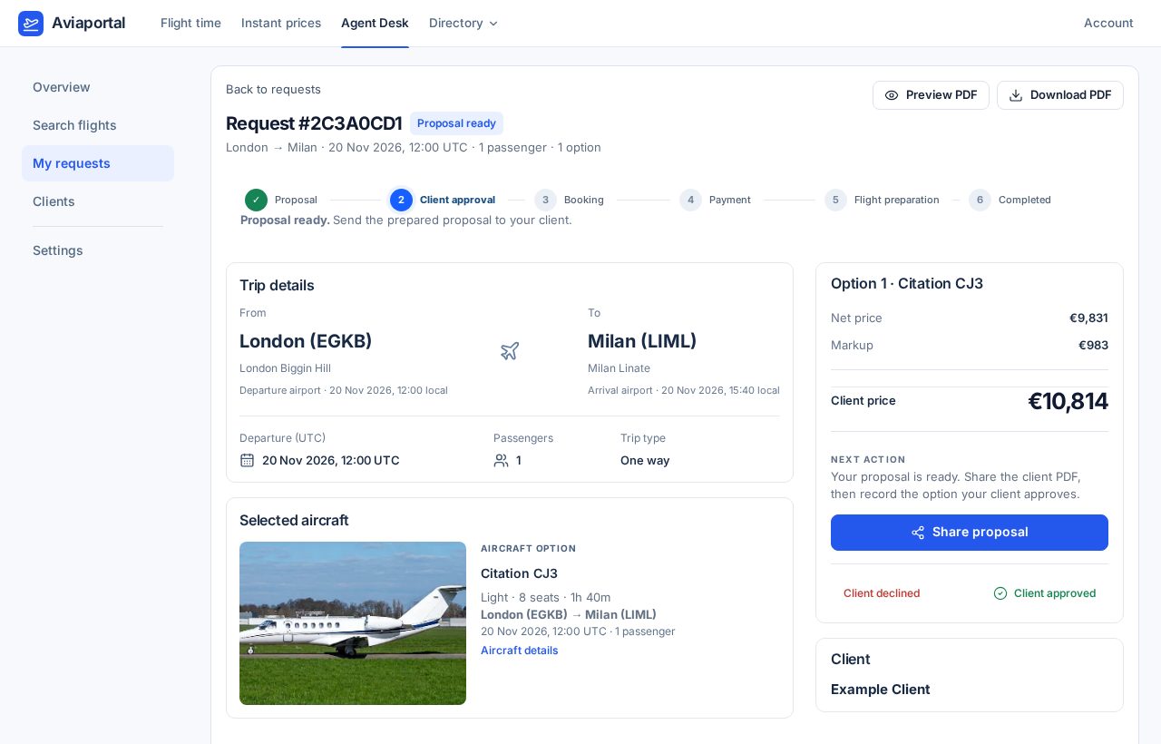 A prepared Agent Desk proposal with net price, your markup, the client price and the order stages.
